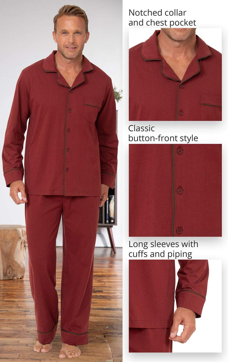 PajamaGram Mens Pajama Set Cotton - Mens PJ Sets, Long Sleeve, Brick, XL - Image 4